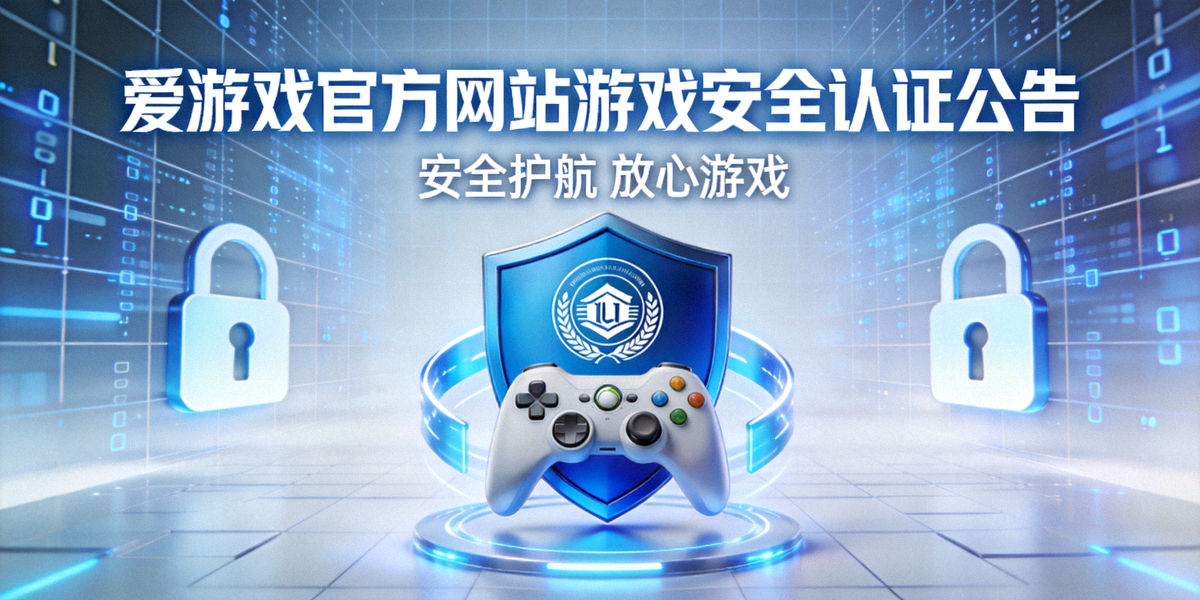 爱游戏官方网站游戏安全认证公告核心视觉图 - 象征安全的蓝色盾牌环绕着游戏手柄与认证标识，背景为数字网格与锁形图标