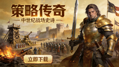 《策略传奇》游戏宣传图 - 中世纪战场与英雄角色立绘