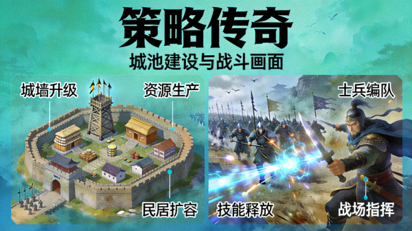 《策略传奇》游戏详细介绍图 - 城池建设与战斗画面
