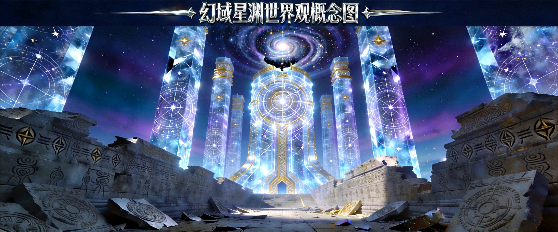 幻域星渊世界观概念图 - 宏伟的星空神殿与古代文明遗迹