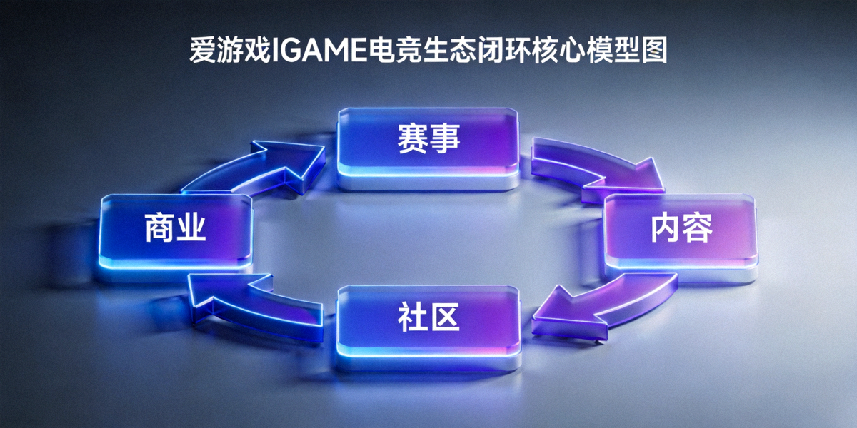 爱游戏IGAME电竞生态闭环核心模型图 - 展示赛事、内容、社区、商业四大板块的循环关系