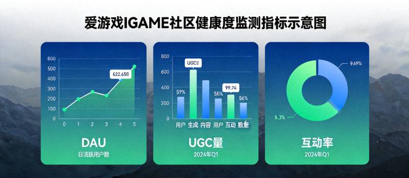 爱游戏IGAME社区健康度监测指标示意图 - 展示DAU、UGC量、互动率等关键数据
