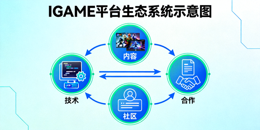 IGAME平台生态系统示意图 - 展示技术、内容、社区与合作的融合关系