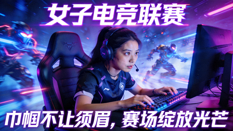 女子电竞赛事宣传海报 - 女性选手在比赛中专注操作