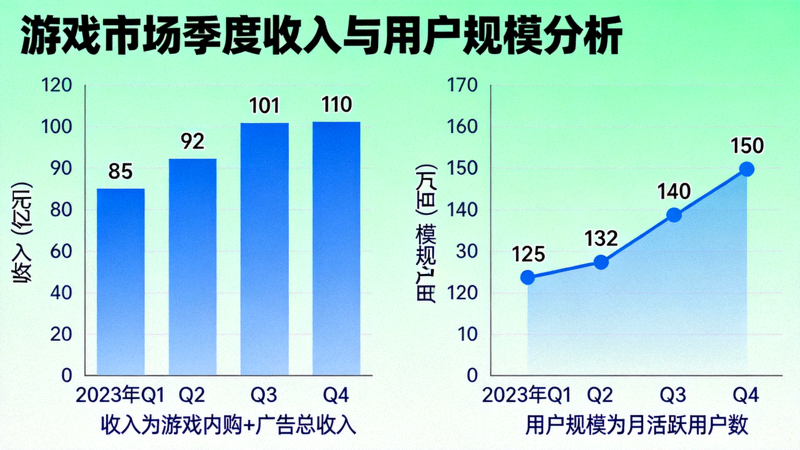 游戏市场数据可视化图表 - 季度收入与用户规模分析