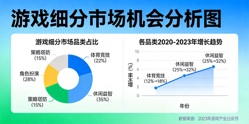 游戏细分市场机会分析图 - 体育竞技、休闲益智等品类增长数据