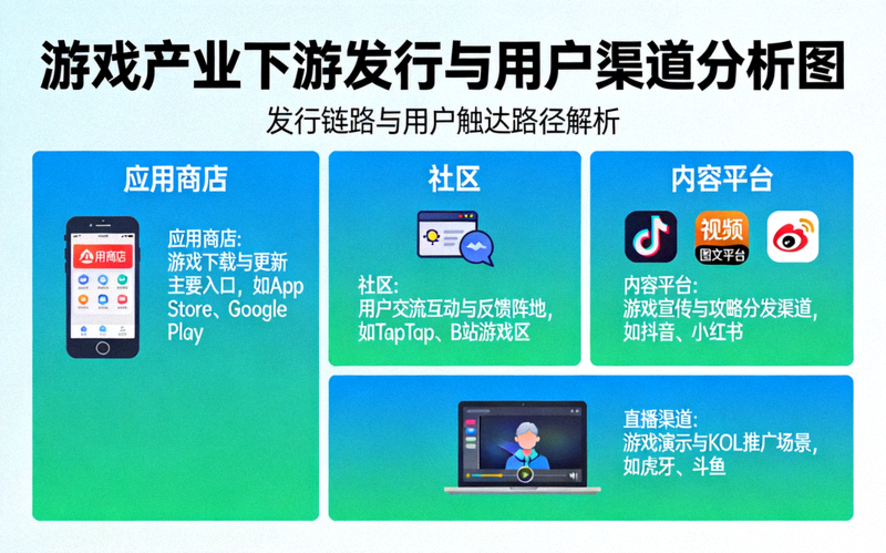 游戏产业下游发行与用户渠道分析图 - 展示应用商店、社区、内容平台与直播渠道