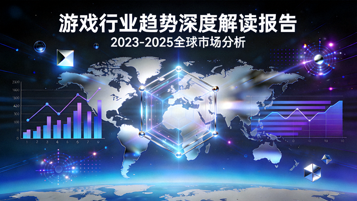 游戏行业趋势深度解读报告主视觉图 - 数据图表、科技元素与全球地图融合的抽象概念设计