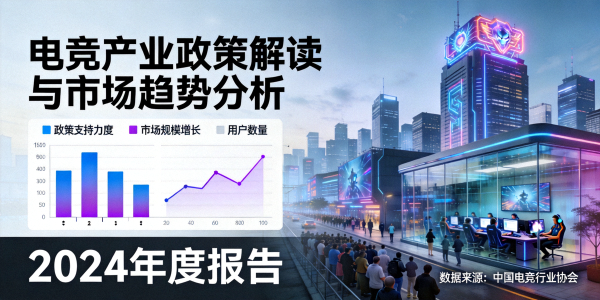 电竞产业政策解读与市场趋势分析主视觉图 - 数据图表与城市电竞场景融合