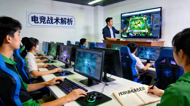 高校电竞课堂场景，学生在教室内学习电竞相关课程