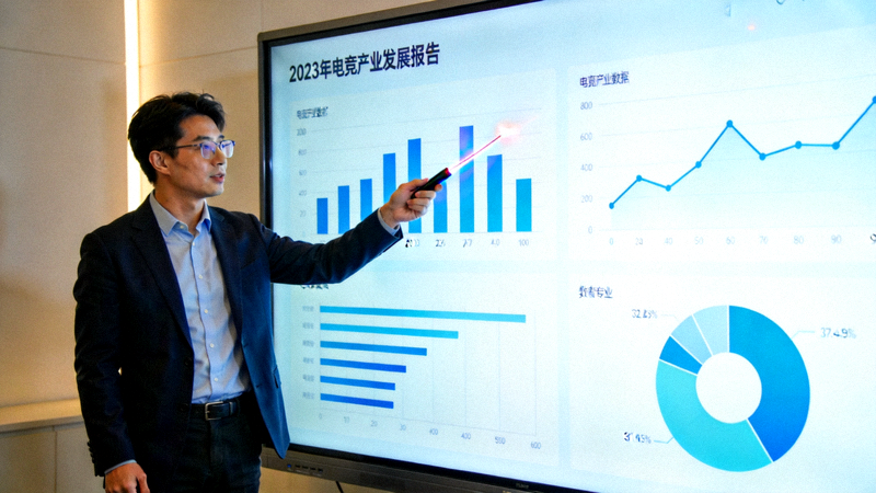 数据分析师正在大屏幕前讲解电竞产业数据图表