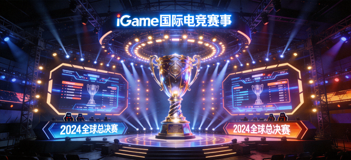 iGame冠名的国际电竞赛事主舞台全景 - 璀璨灯光与巨型奖杯