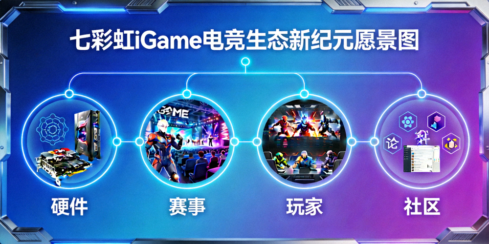 七彩虹iGame电竞生态新纪元愿景图 - 硬件、赛事、玩家、社区互联的生态系统示意图