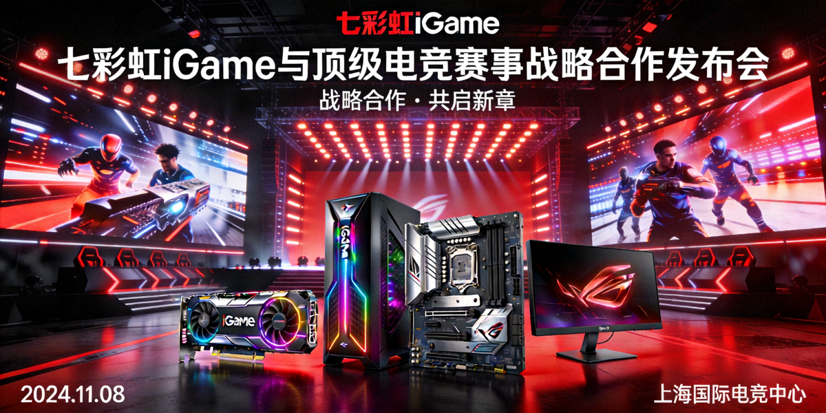 七彩虹iGame与顶级电竞赛事战略合作发布会主视觉图 - 电竞舞台与硬件展示