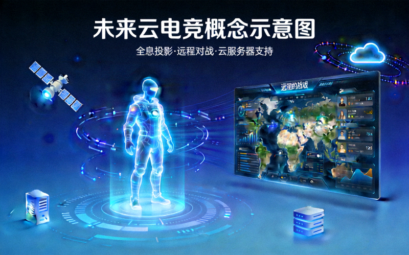 未来云电竞概念示意图 - 全息投影与远程对战场景