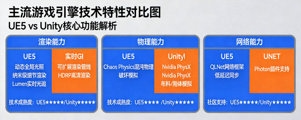 主流游戏引擎技术特性对比图 - 展示UE5、Unity等引擎在渲染、物理、网络方面的能力对比