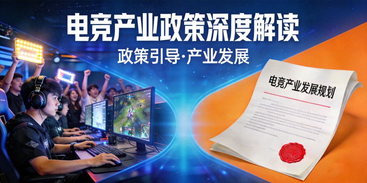 电竞产业政策深度解读专题头图 - 展示电竞比赛场景与政策文件元素结合