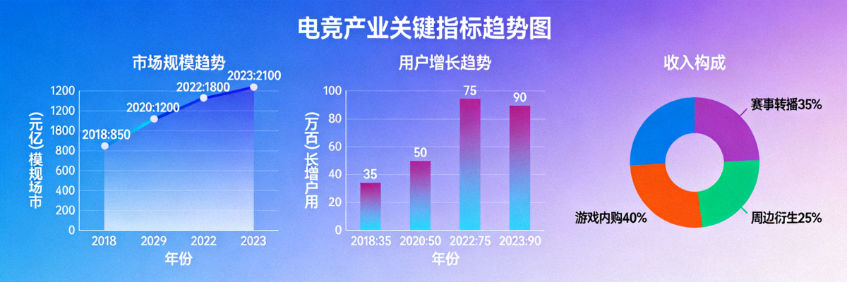 电竞产业数据可视化图表 - 展示市场规模、用户增长、收入构成等关键指标趋势