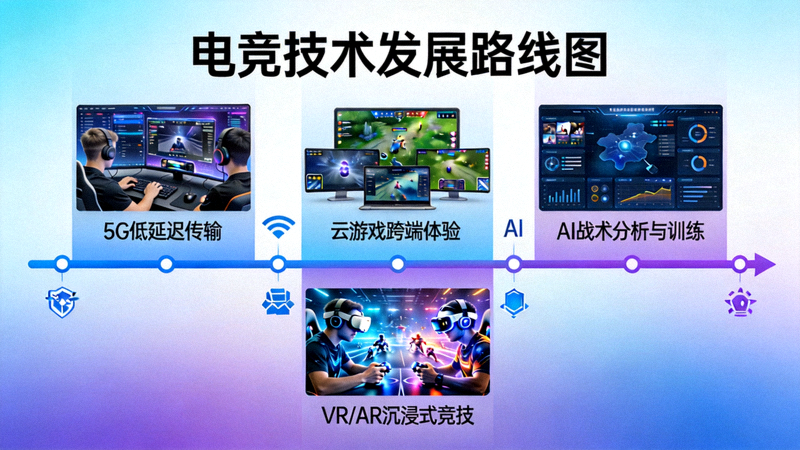 电竞技术发展路线图 - 展示5G、云游戏、AI、VR/AR等技术在电竞中的应用
