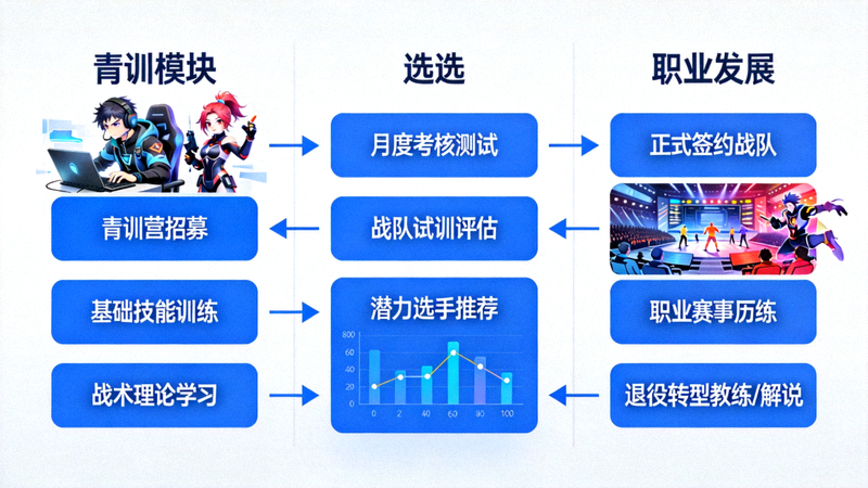电竞职业选手培养体系示意图 - 展示青训、选拔、职业发展路径