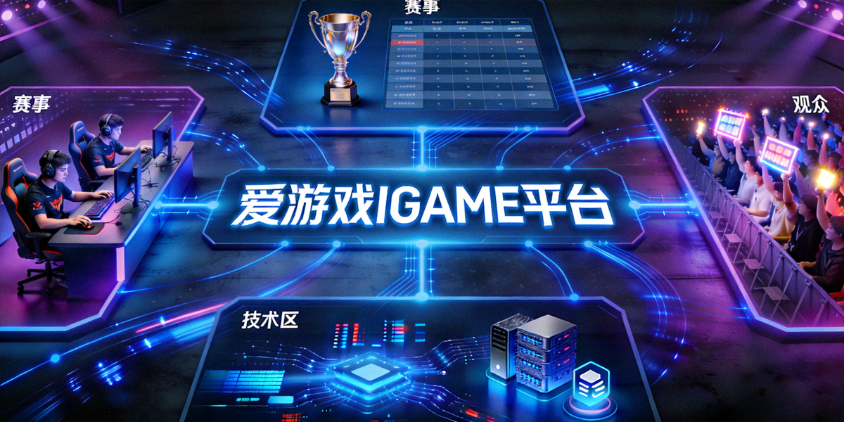 爱游戏IGAME平台电竞生态概念图 - 展示选手、观众、赛事与技术的互联