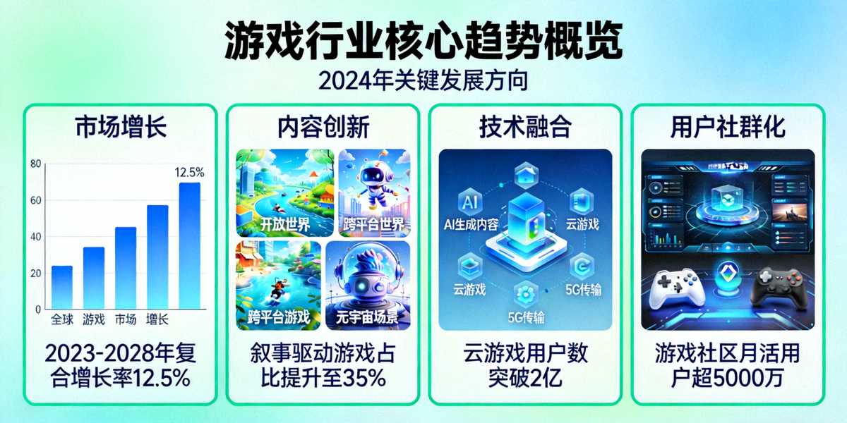 游戏行业核心趋势概览信息图 - 展示市场增长、内容创新、技术融合与用户社群化四大板块