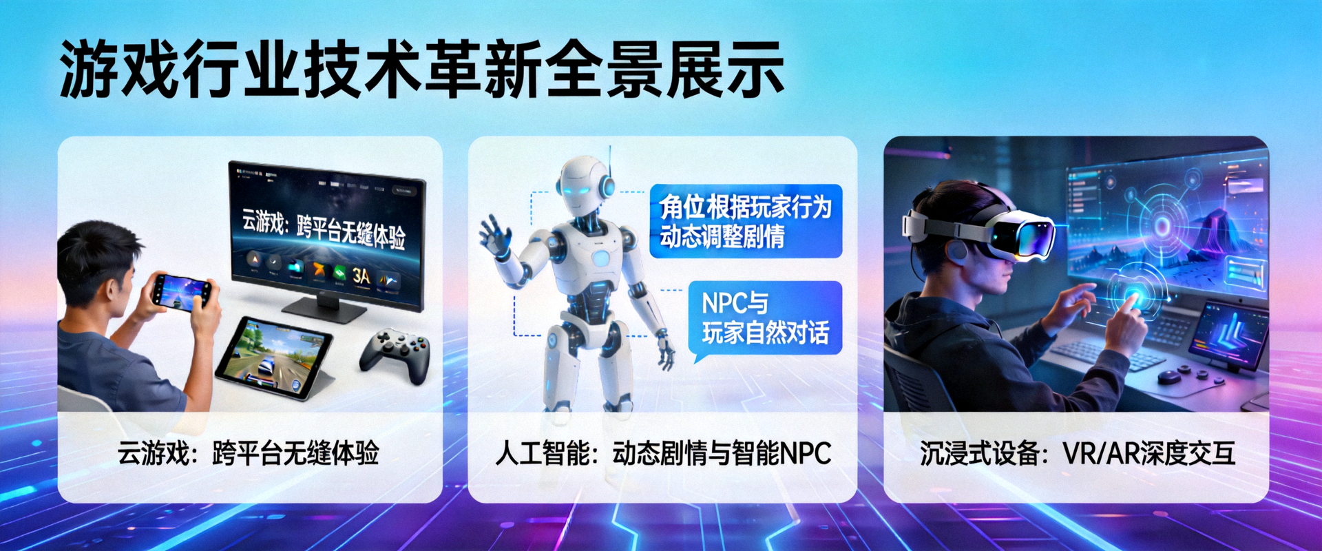 游戏行业技术革新全景展示图 - 包含云游戏、人工智能与沉浸式设备应用场景