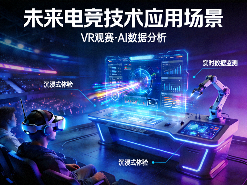 未来电竞技术应用场景概念图 - VR观赛、AI数据分析等前沿科技展示