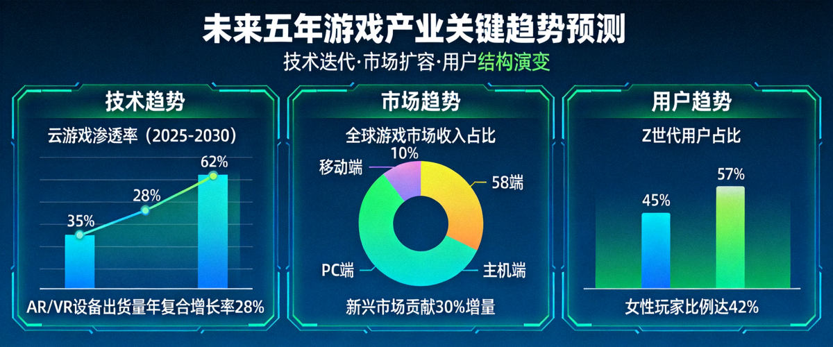 未来五年游戏产业关键趋势预测图表 - 展示技术、市场、用户三方面数据