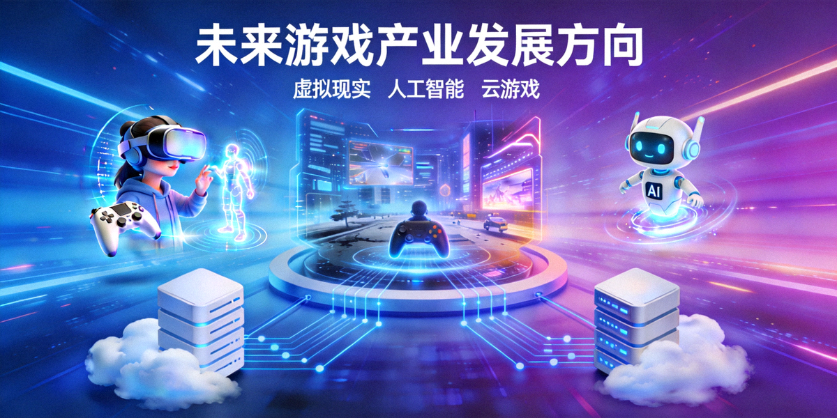 未来游戏产业发展方向概念图 - 展示虚拟现实、人工智能与云游戏等技术融合场景