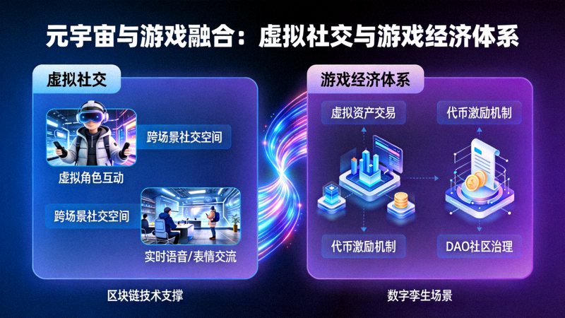 元宇宙概念与游戏融合示意图 - 虚拟社交与游戏经济体系
