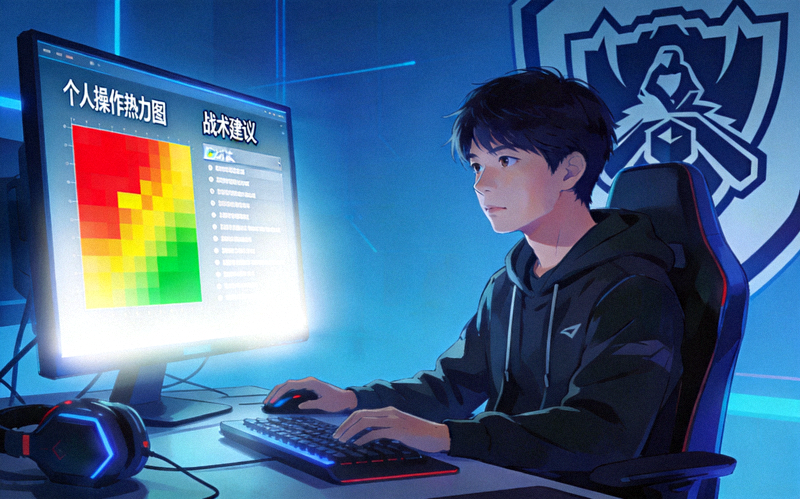 AI辅助电竞训练场景 - 选手面前屏幕显示着AI生成的个人操作热力图和战术建议
