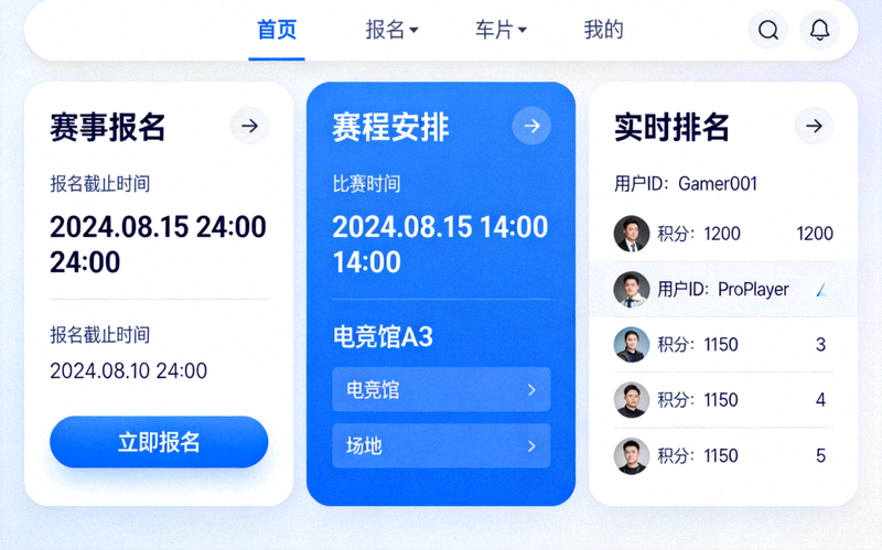 爱游戏全民电竞赛事系统界面展示 - 简洁的赛事报名、赛程安排和实时排名界面