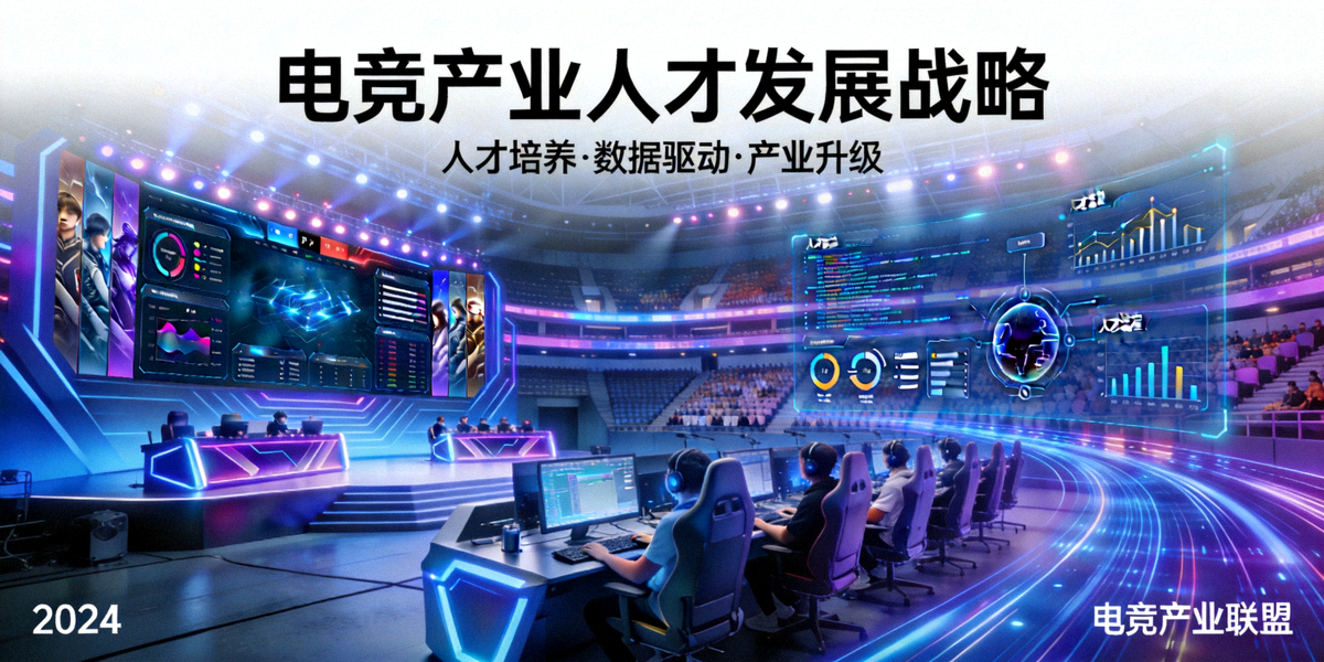 电竞产业人才发展战略主题主视觉图 - 现代化电竞场馆与数据分析界面融合