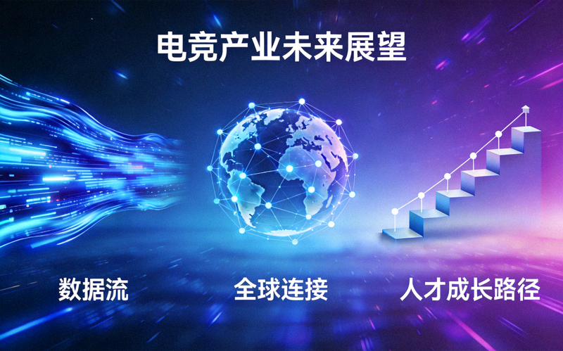电竞产业未来展望概念图 - 数据流、全球连接与人才成长路径