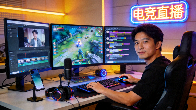电竞内容创作者工作场景 - 主播正在使用多屏幕进行游戏直播和内容制作
