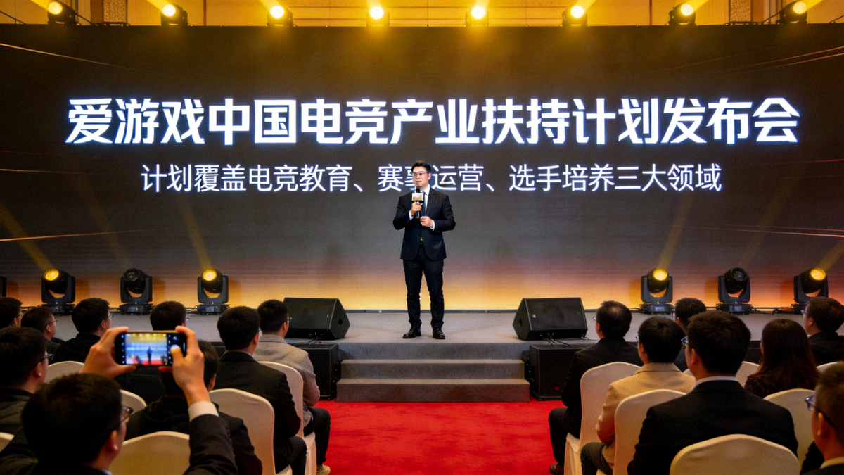 爱游戏中国电竞产业扶持计划发布会现场盛况 - 主讲人正在台上宣布计划详情