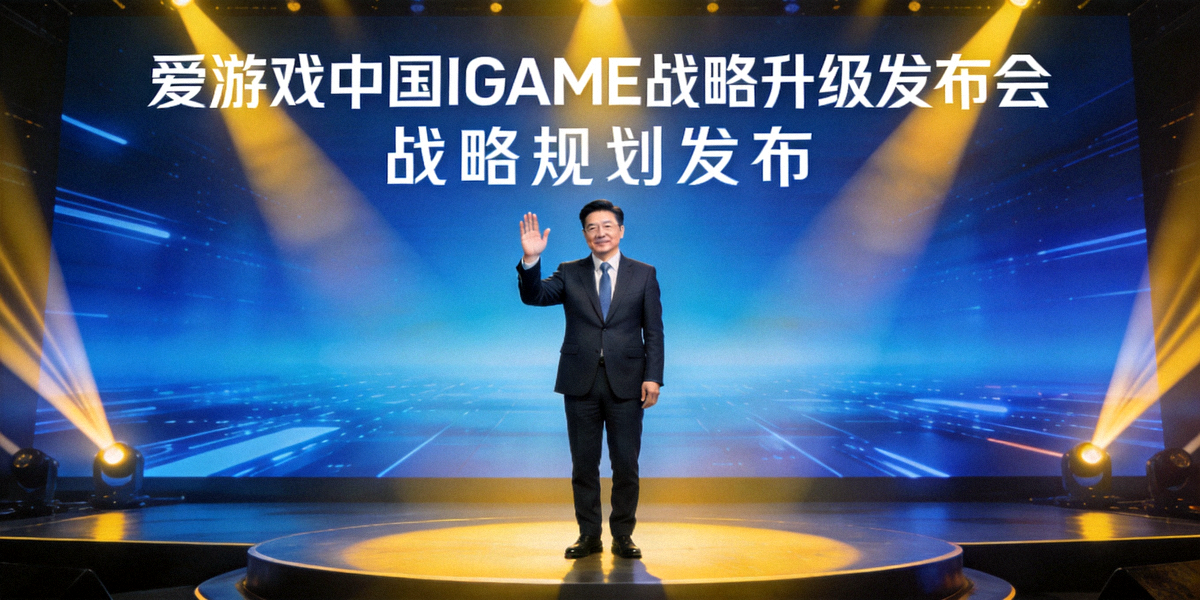 爱游戏中国IGAME战略升级发布会主视觉图 - 高层领导在舞台上宣布战略规划