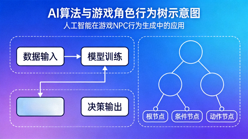 人工智能在游戏NPC行为生成中的应用文章配图 - AI算法与游戏角色行为树示意图