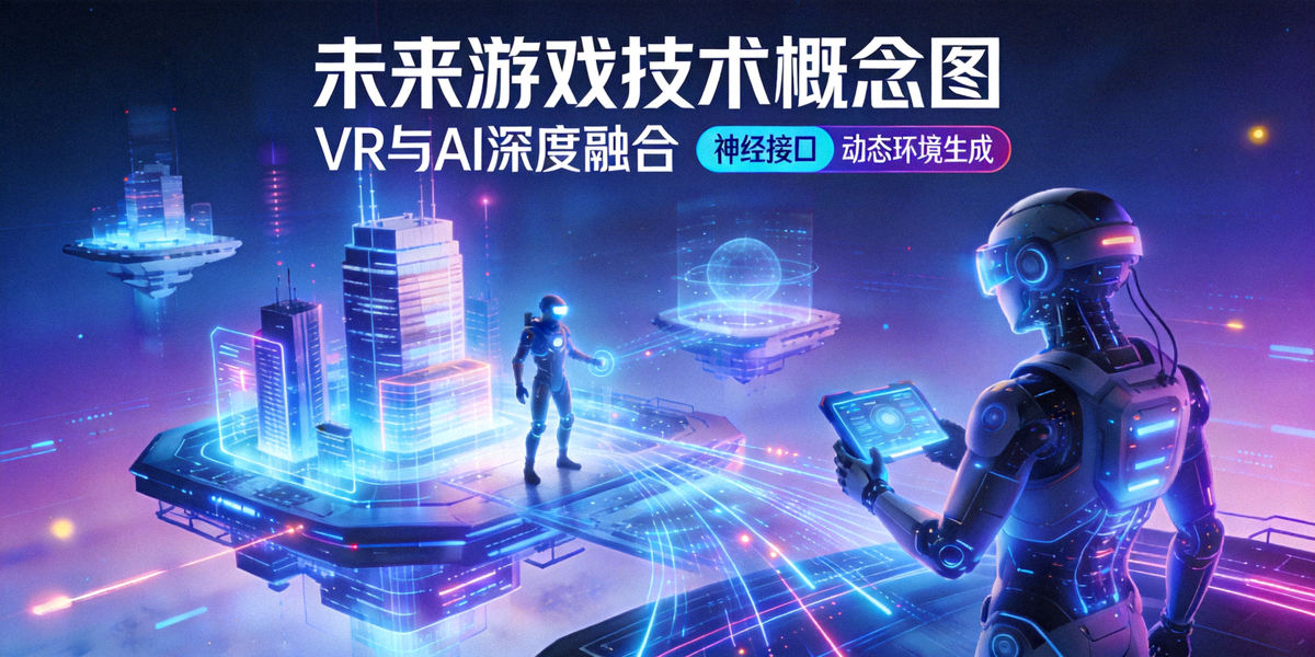 未来游戏技术概念图 - 虚拟现实与人工智能融合的游戏场景