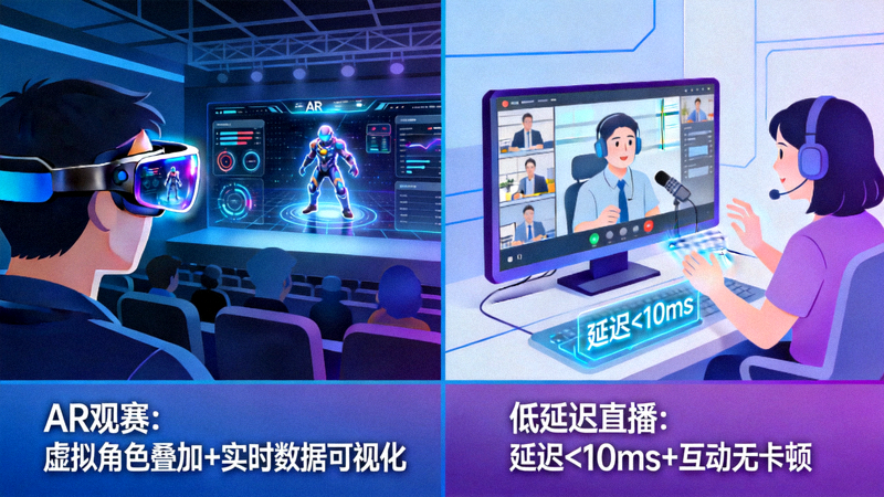 新兴移动电竞技术如AR观赛、低延迟直播应用示意图