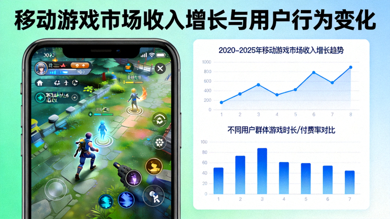 移动游戏市场收入增长趋势与用户行为变化报道配图 - 智能手机游戏界面与用户数据分析