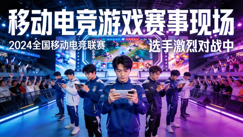 移动电竞游戏赛事现场案例图 - 选手在大型舞台上使用手机进行激烈对战