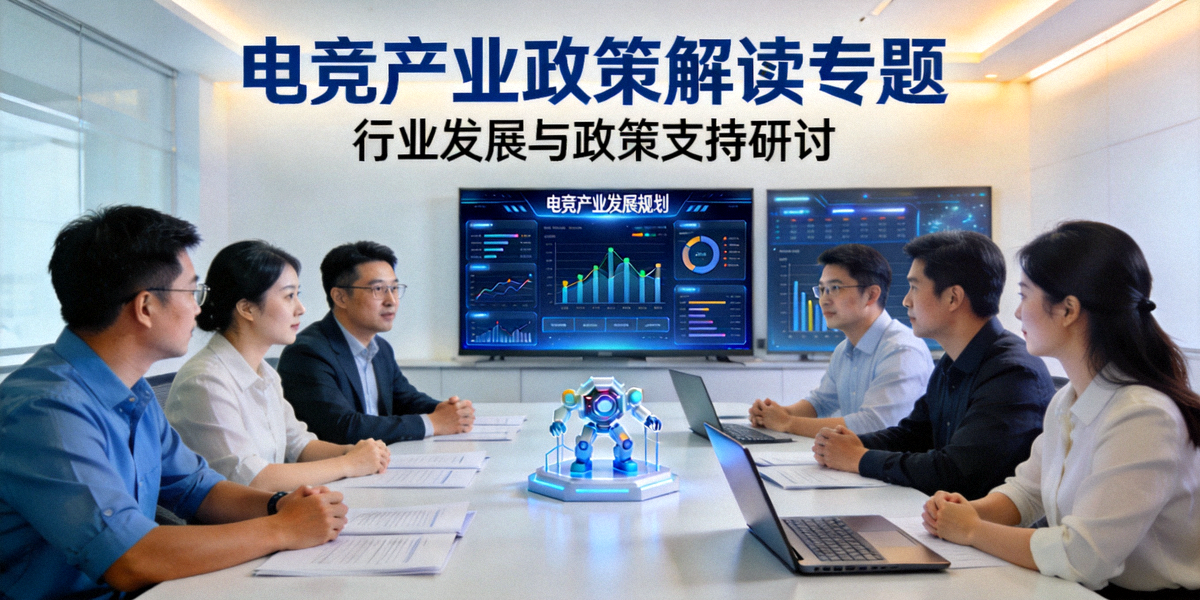 电竞产业政策解读专题主视觉图 - 会议室中人们讨论电竞发展政策的场景