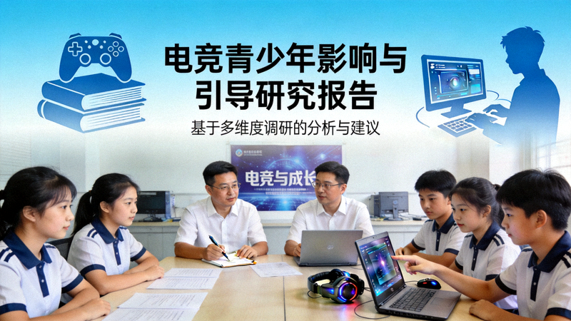《电竞青少年影响与引导研究报告》封面及调研场景示意