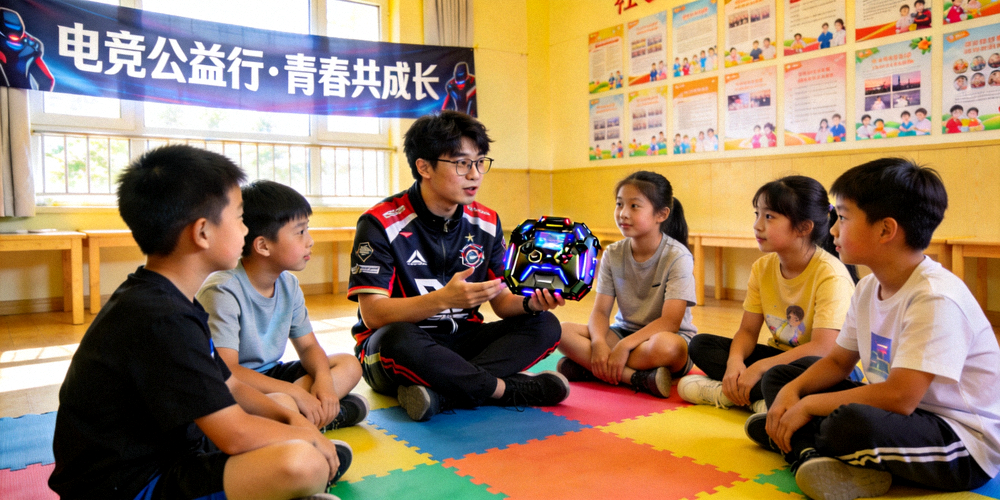 电竞选手参与社区公益活动、与青少年交流的正能量场景图片
