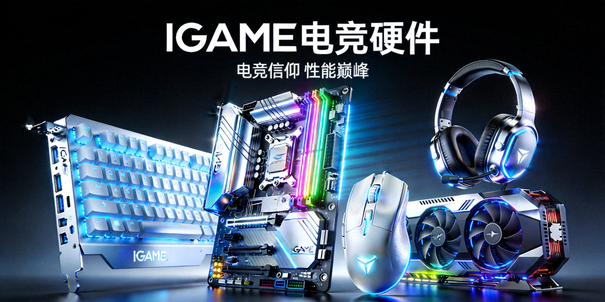 IGAME电竞硬件主视觉图 - 充满科技感的电竞设备与发光组件特写