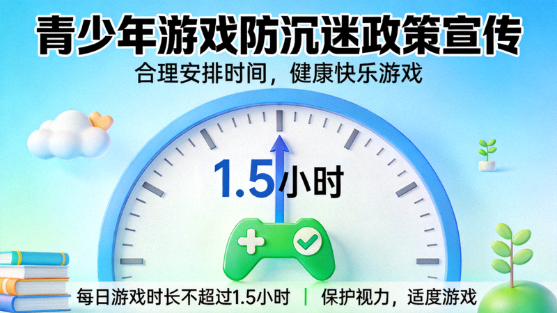 青少年游戏防沉迷政策宣传图 - 时钟与健康游戏标识