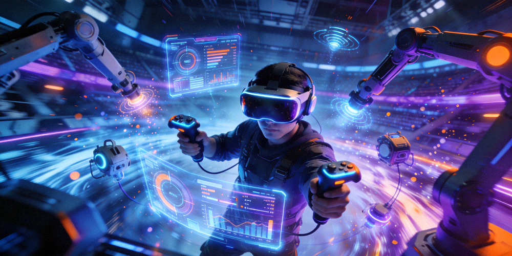 未来电竞概念图 - 玩家使用VR设备与智能硬件进行沉浸式竞技的场景