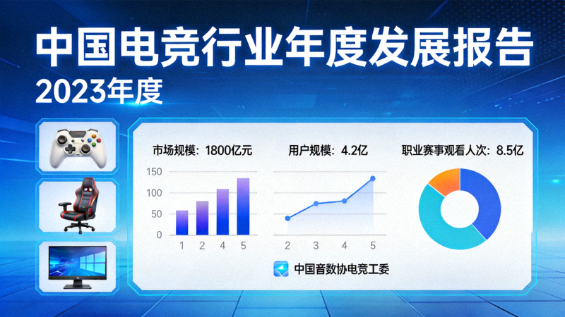 《中国电竞行业年度发展报告》封面与核心数据图表展示